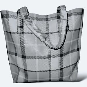 Faux Leather Gray & Black Plaid Large Versatile Tote Bag w/Magnetic Closure, New